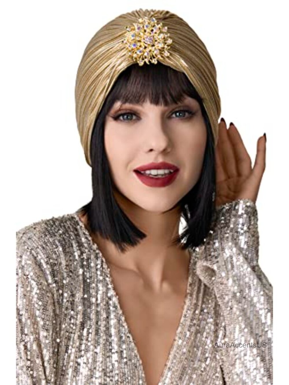 Vintage Pleated Turban Hat Crystal Knit Head Wrap 1920s Gatsby Costume